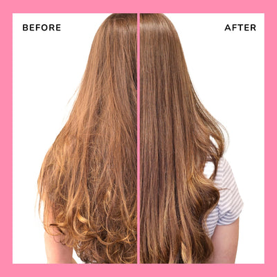 Before and after comparison of hair with a pink border