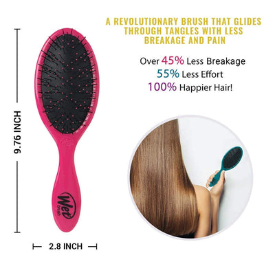 Pink hairbrush with black bristles, measurement details, and benefits on a white background