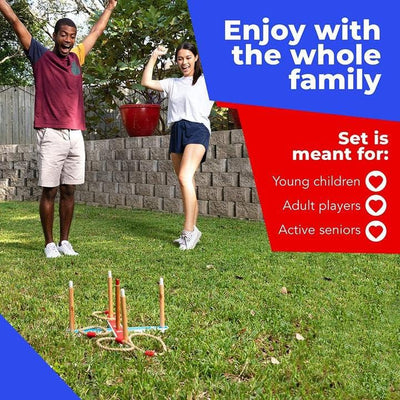 Two people playing a game of kubb on grass with promotional text about family-friendly activity.