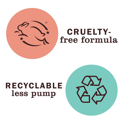 Icons and text indicating cruelty-free formula, recyclable packaging, and less pump usage on a white background.