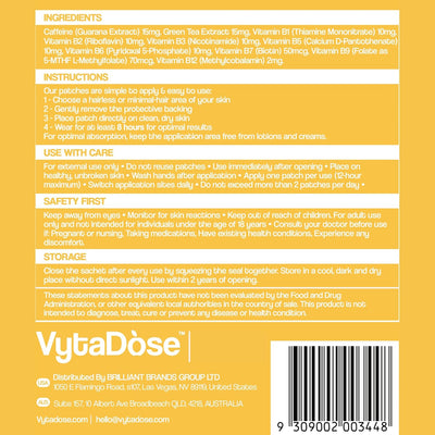Back of a VytaDose product packaging with ingredients, instructions, and safety information on a yellow background.