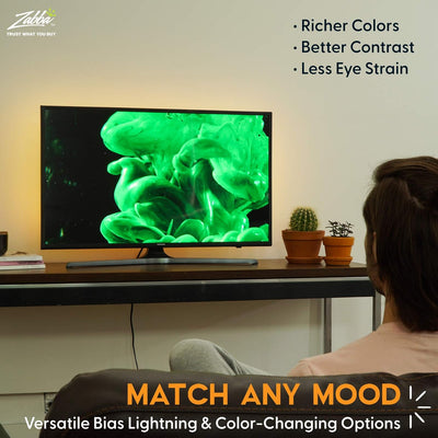Person sitting in front of a TV displaying green abstract art, with text about TV features.