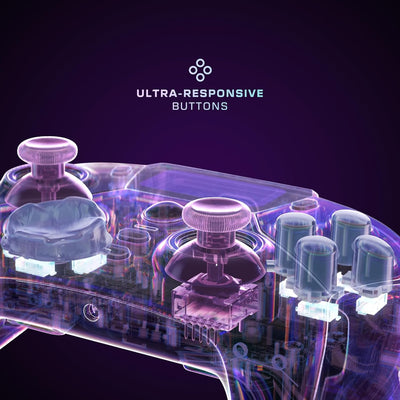 Close-up of ultra-responsive buttons with a dark purple background and brand logo.