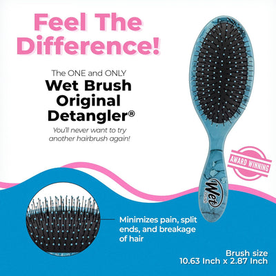 Wet Brush Original Detangler with text highlighting features and benefits on a blue background